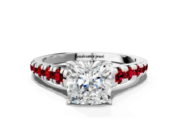 Cushion Cut Diamond Cathedral Solitaire Ring with Round Ruby Pavé Band Platinum