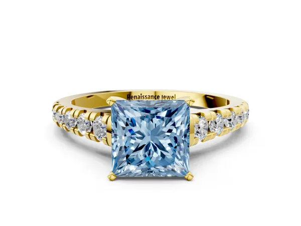 Fancy Blue Princess Cut Diamond Cathedral Solitaire Ring with Round Pavé Band Yellow gold