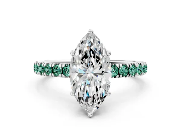 Marquise Cut Diamond Pave Band Solitaire Ring with Round Green Sapphire and Prong Setting Platinum