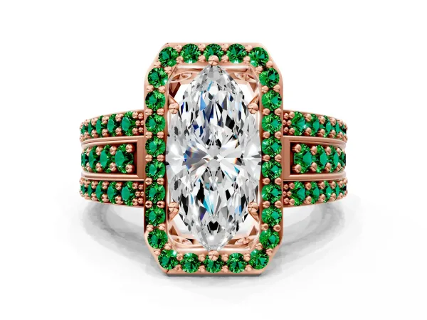 Marquise Cut Halo Diamond Ring with Round Emerald Split Shank and Prong Setting Rose gold