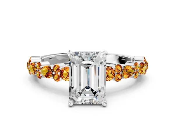 Emerald Cut Diamond Side Stone Solitaire Ring with Round Citrine and Four-Prong Setting White gold