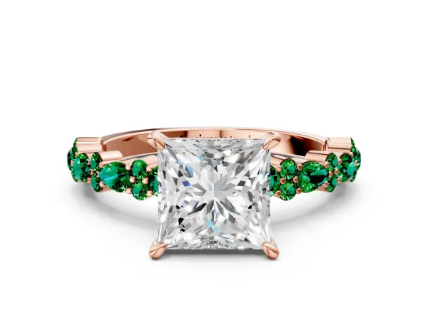 Princess Cut Diamond Side Stone Solitaire Ring with Round Emerald and Four-Prong Setting Rose gold