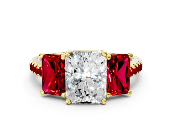 Three-Stone Radiant Cut Diamond Ring with Round Ruby Pavé Band and Prong Setting Yellow gold