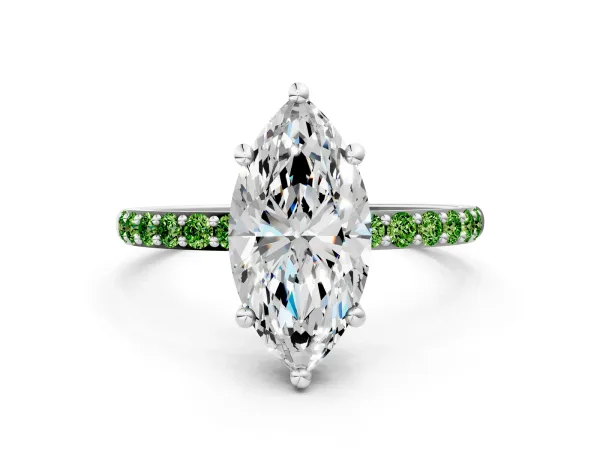 Marquise Cut Diamond Solitaire Ring with Round Peridot Pavé Band and Prong Setting Silver