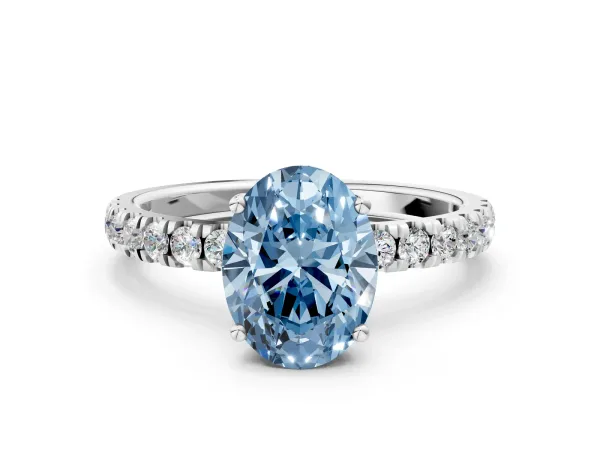 Fancy Blue Oval Cut Diamond Pave Band Solitaire Ring with Round and Prong Setting Platinum