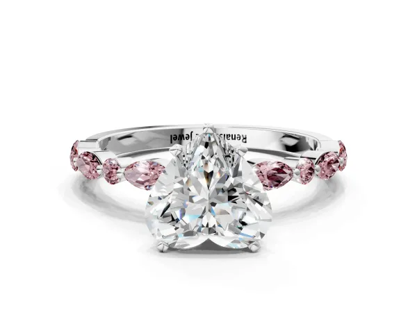 Heart Cut Diamond Ring with Marquise and Round Morganite Side Stones and Four-Prong Setting Platinum