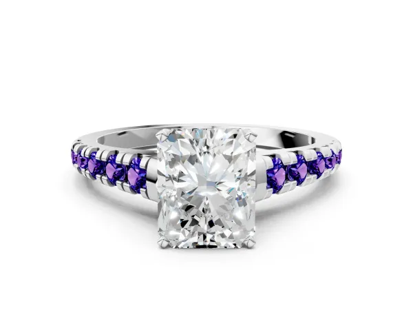 Radiant Cut Diamond Cathedral Solitaire Ring with Round Tanzanite Pavé Band Platinum