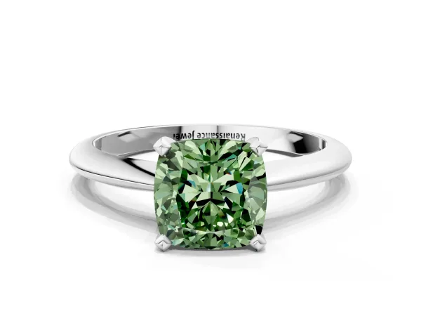 Fancy Green Cushion Cut Diamond Solitaire Engagement Ring with Classic Band and Four-Prong Setting White gold