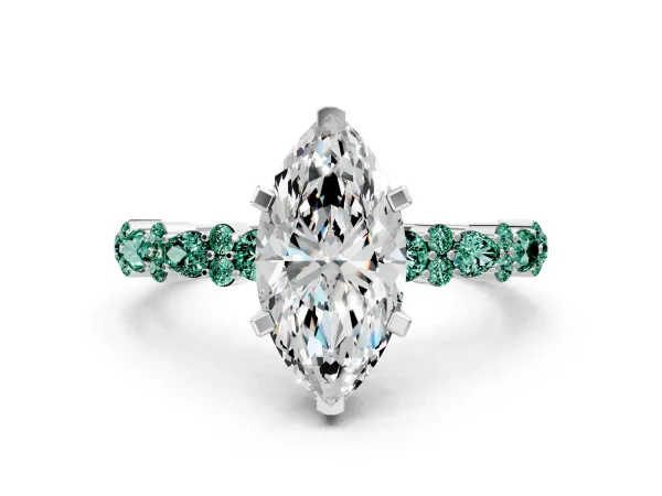 Marquise Cut Diamond Side Stone Solitaire Ring with Round Green Sapphire and Four-Prong Setting Platinum