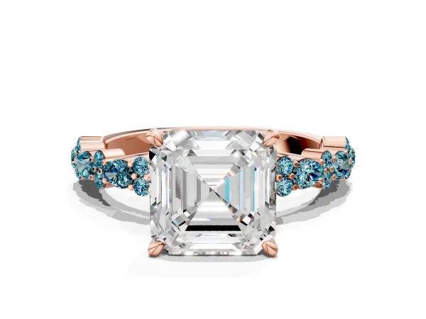 Asscher Cut Diamond Side Stone Solitaire Ring with Round Blue Topaz and Four-Prong Setting Rose gold