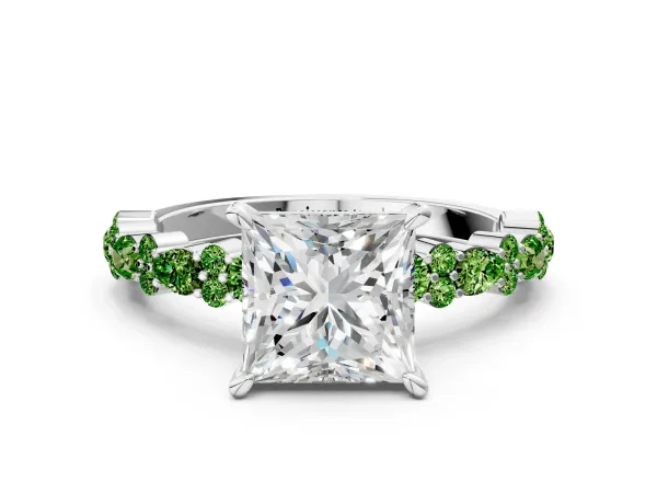 Princess Cut Diamond Side Stone Solitaire Ring with Round Peridot and Four-Prong Setting Platinum