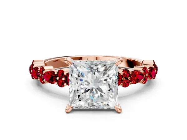 Princess Cut Diamond Side Stone Solitaire Ring with Round Ruby and Four-Prong Setting Rose gold