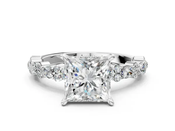 Princess Cut Diamond Side Stone Solitaire Ring with Round and Four-Prong Setting Platinum