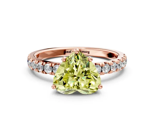 Fancy Yellow Heart Cut Diamond Pave Band Solitaire Ring with Round and Prong Setting Rose gold