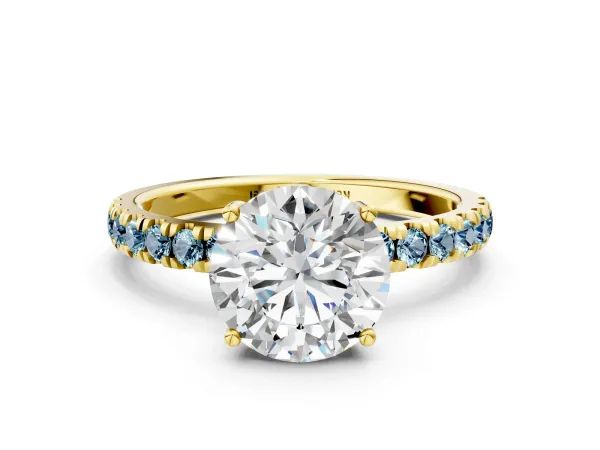 Round Cut Diamond Pave Band Solitaire Ring with Round Aquamarine and Prong Setting Yellow gold