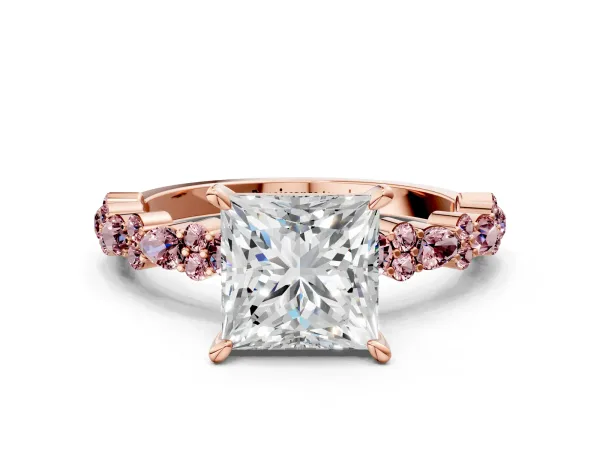 Princess Cut Diamond Side Stone Solitaire Ring with Round Morganite and Four-Prong Setting Rose gold