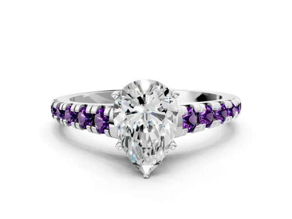 Pear Cut Diamond Cathedral Solitaire Ring with Round Amethyst Pavé Band White gold