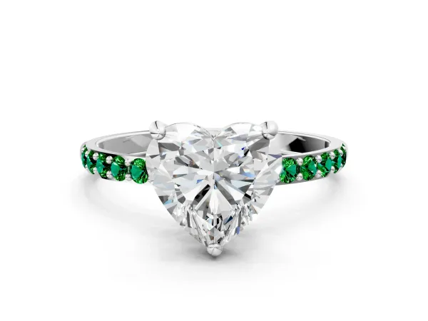 Heart Cut Diamond Solitaire Ring with Round Emerald Pavé Band and Prong Setting White gold