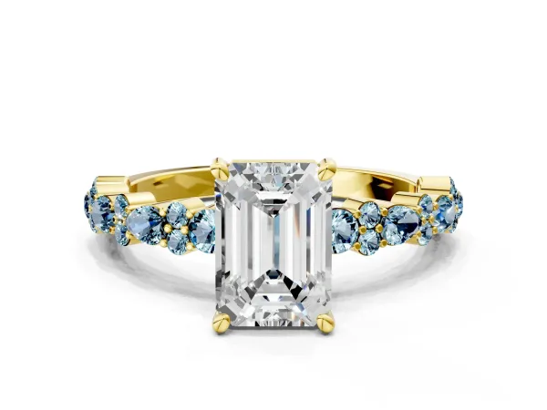 Emerald Cut Diamond Side Stone Solitaire Ring with Round Aquamarine and Four-Prong Setting Yellow gold