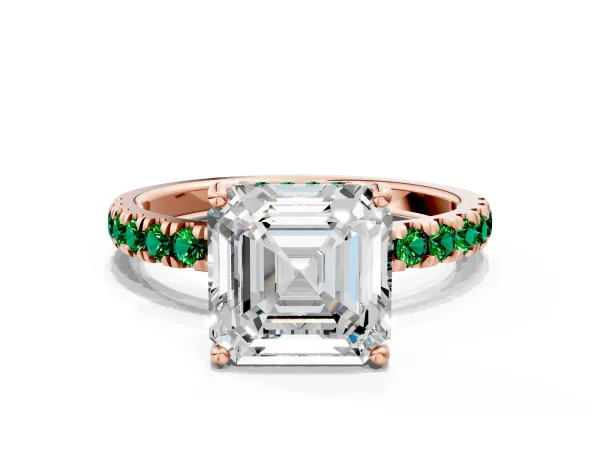 Asscher Cut Diamond Pave Band Solitaire Ring with Round Emerald and Prong Setting Rose gold
