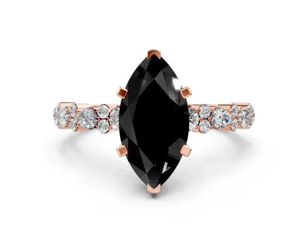 Fancy Black Marquise Cut Diamond Side Stone Solitaire Ring with Round and Four-Prong Setting Rose gold