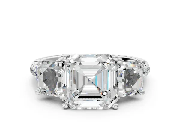 Three-Stone Asscher Cut Diamond Ring with Round Moissanite Pavé Band and Prong Setting Silver