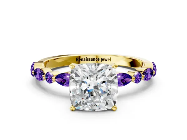 Cushion Cut Diamond Ring with Marquise and Round Tanzanite Side Stones and Four-Prong Setting Yellow gold