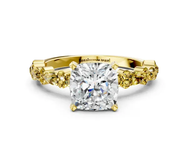 Cushion Cut Diamond Side Stone Solitaire Ring with Round Yellow Sapphire and Four-Prong Setting Yellow gold