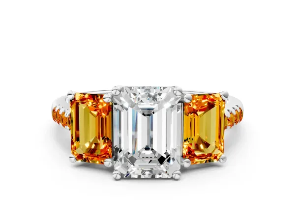 Three-Stone Emerald Cut Diamond Ring with Round Citrine Pavé Band and Prong Setting Platinum