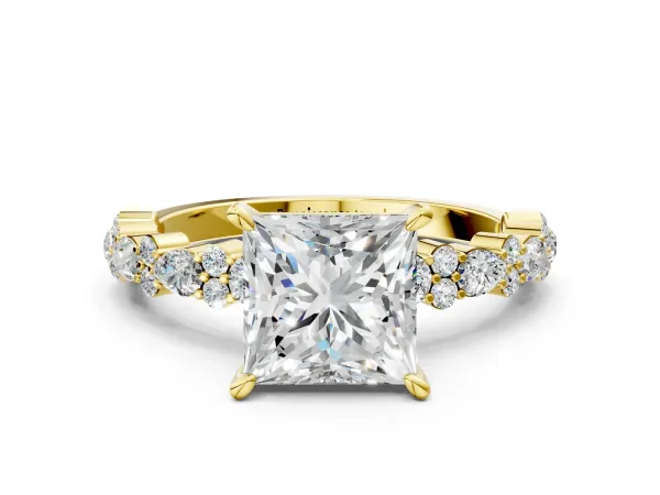 Princess Cut Diamond Side Stone Solitaire Ring with Round Moissanite and Four-Prong Setting Yellow gold