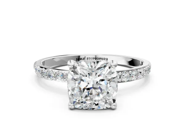 Cushion Cut Diamond Solitaire Ring with Round Moissanite Pavé Band and Prong Setting Silver
