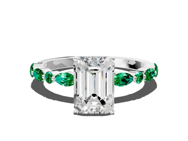 Emerald Cut Diamond Ring with Marquise and Round Emerald Side Stones and Four-Prong Setting White gold