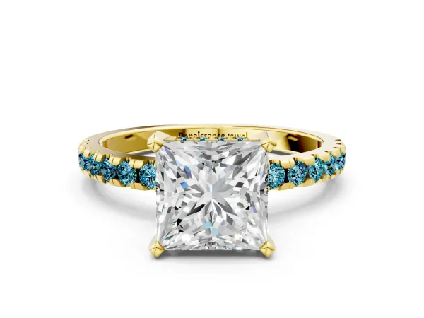 Princess Cut Diamond Solitaire Ring with Round Blue Topaz Pavé Band and Four-Prong Setting Yellow gold