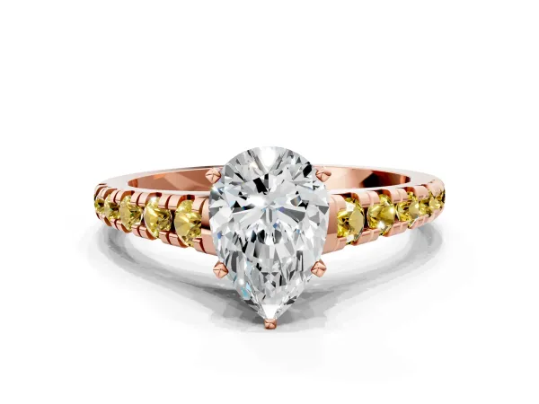 Pear Cut Diamond Cathedral Solitaire Ring with Round Yellow Sapphire Pavé Band Rose gold