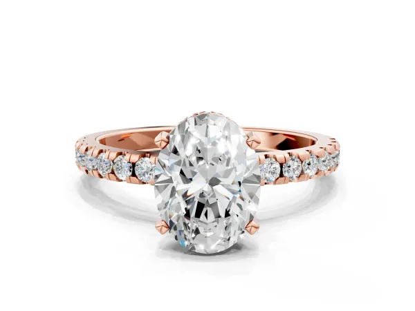 Oval Cut Diamond Solitaire Ring with Round Moissanite Pavé Band and Four-Prong Setting Rose gold