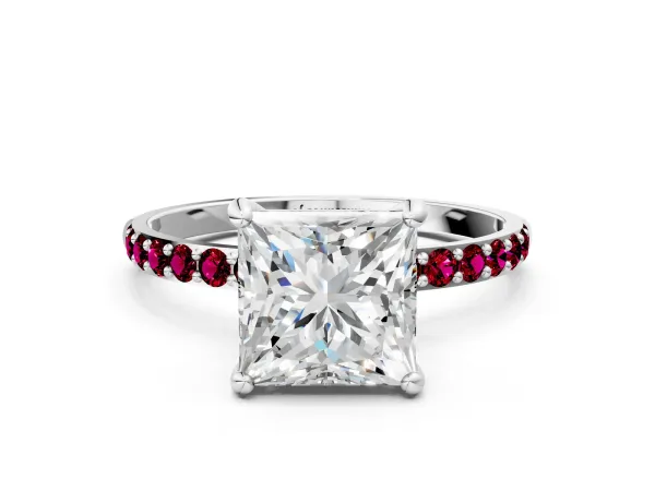 Princess Cut Diamond Solitaire Ring with Round Garnet Pavé Band and Prong Setting Silver