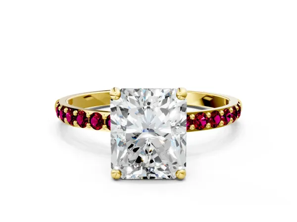 Radiant Cut Diamond Solitaire Ring with Round Garnet Pavé Band and Prong Setting Yellow gold