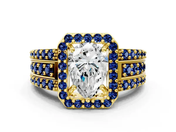 Pear Cut Halo Diamond Ring with Round Blue Sapphire Split Shank and Prong Setting Yellow gold