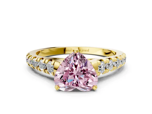 Fancy Pink Heart Cut Diamond Cathedral Solitaire Ring with Round Pavé Band Yellow gold