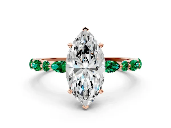 Marquise Cut Diamond Ring with Marquise and Round Emerald Side Stones and Four-Prong Setting Rose gold