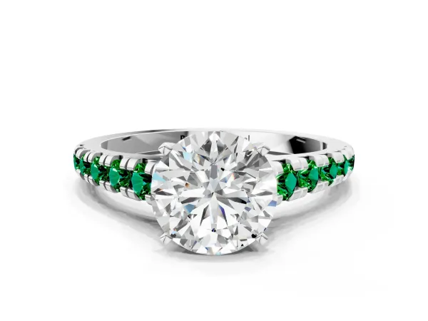 Round Cut Diamond Cathedral Solitaire Ring with Round Emerald Pavé Band White gold