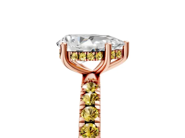Pear Cut Diamond Pave Band Solitaire Ring with Round Yellow Sapphire and Prong Setting Rose gold