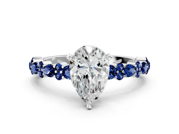 Pear Cut Diamond Side Stone Solitaire Ring with Round Blue Sapphire and Four-Prong Setting Platinum