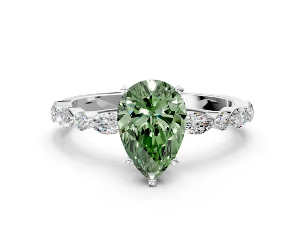 Fancy Green Pear Cut Diamond Ring with Marquise and Round Side Stones and Four-Prong Setting White gold