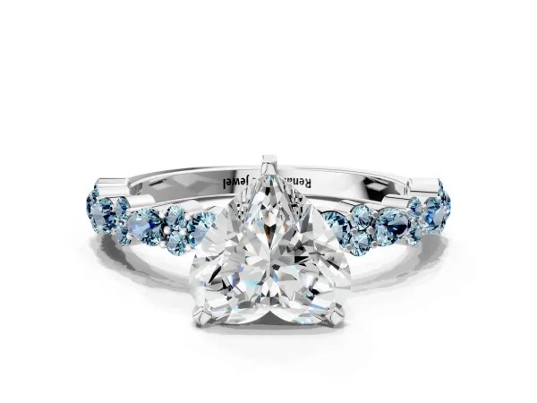 Heart Cut Diamond Side Stone Solitaire Ring with Round Aquamarine and Four-Prong Setting Platinum