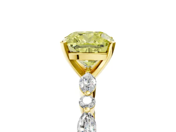 Fancy Yellow Cushion Cut Diamond Ring with Marquise and Round Side Stones and Four-Prong Setting Yellow gold