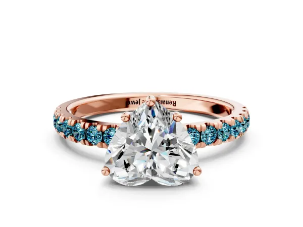 Heart Cut Diamond Pave Band Solitaire Ring with Round Blue Topaz and Prong Setting Rose gold