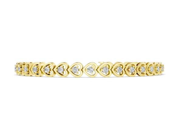 Heart-Shaped Diamond Tennis Bracelet with Channel Setting and Prong Set Stones Yellow gold