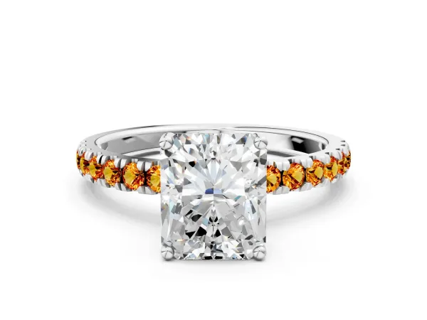 Radiant Cut Diamond Pave Band Solitaire Ring with Round Citrine and Prong Setting Platinum
