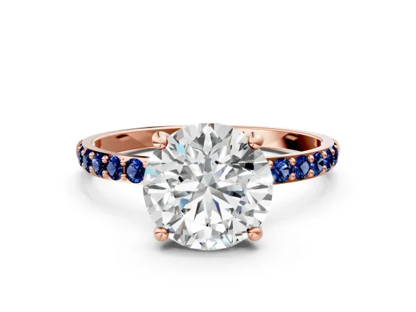 Round Cut Diamond Solitaire Ring with Round Blue Sapphire Pavé Band and Prong Setting Rose gold
